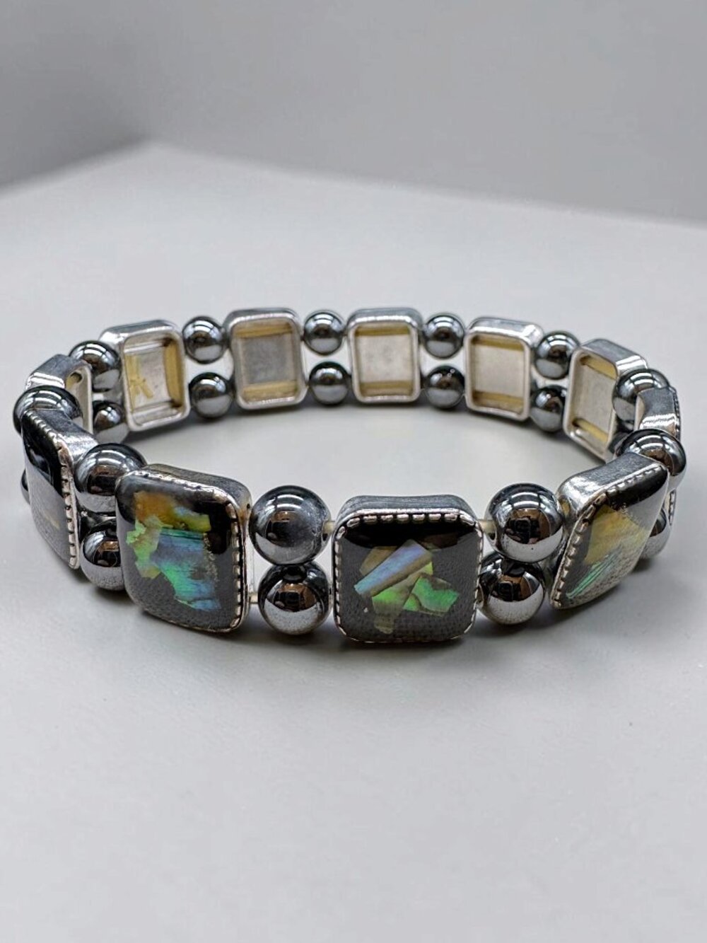 Vintage Bracelet Hematite Beads and Glass Panels Stretchy Abalone Chips